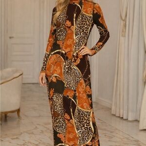Leopard Print Long Sleeve Vintage Maxi Dress size Small